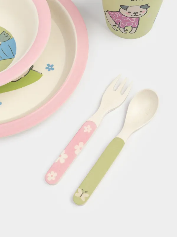 Ыдыс-аяқ жинағы, балаларға арналған, 1 адам, 5 зат, бамбук, қызғылт-жасыл, Иттер, Pretty friends, image-6