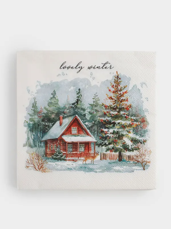 Салфетки бумажные, 33х33 см, 20 шт, квадратные, белые, Дом и олень, Winter house, image-0