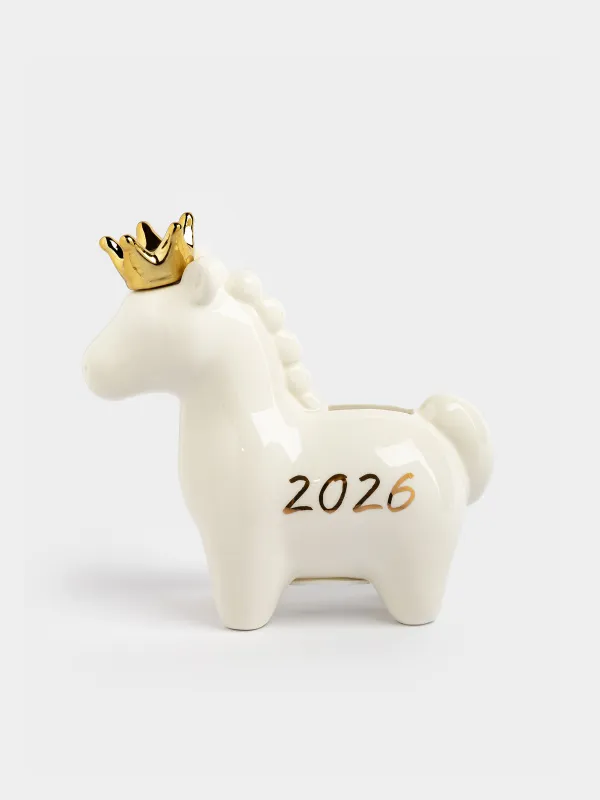 Копилка, 16х16 см, фарфор P, молочно-золотистая, Лошадка c короной, Horse milky, image-0