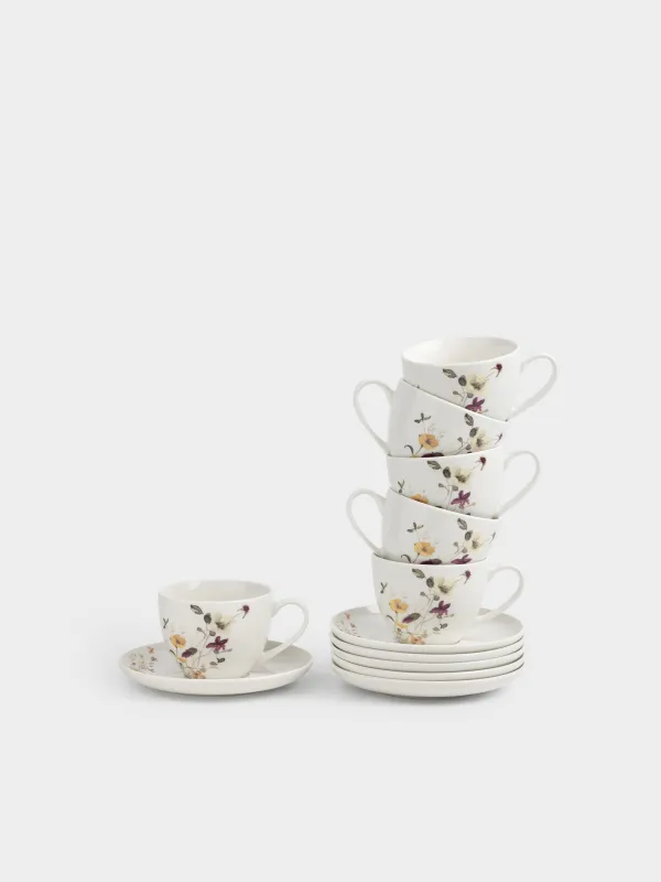 Шай жұбы, 6 адам, 12 зат, 220 мл, фарфор N, ақ, Сары гүлдер, Floweri, image-1