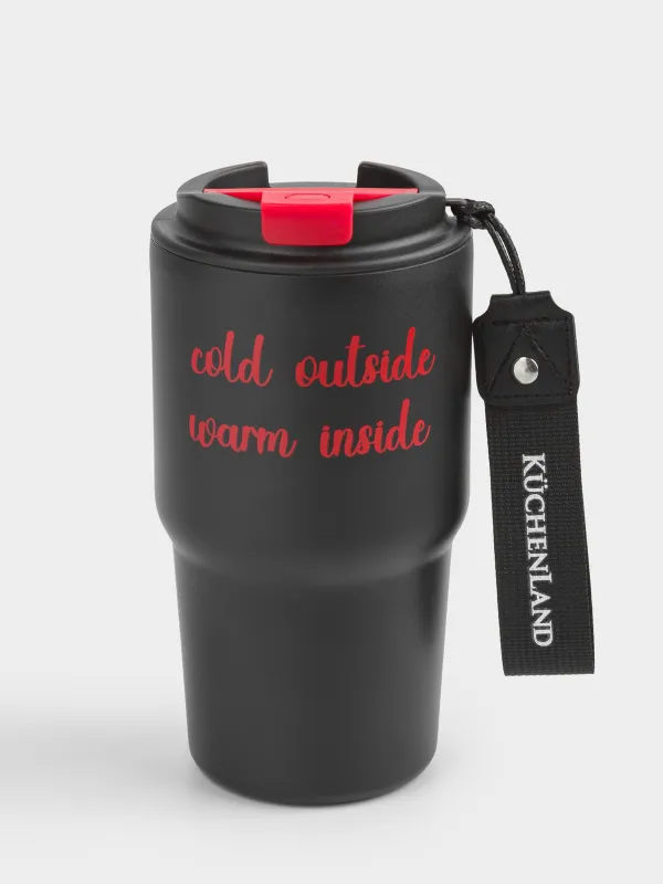 Термосаптыаяқ, 600 мл, бауы бар, болат/пластик/тоқыма, қара және қызыл, Story, image-0