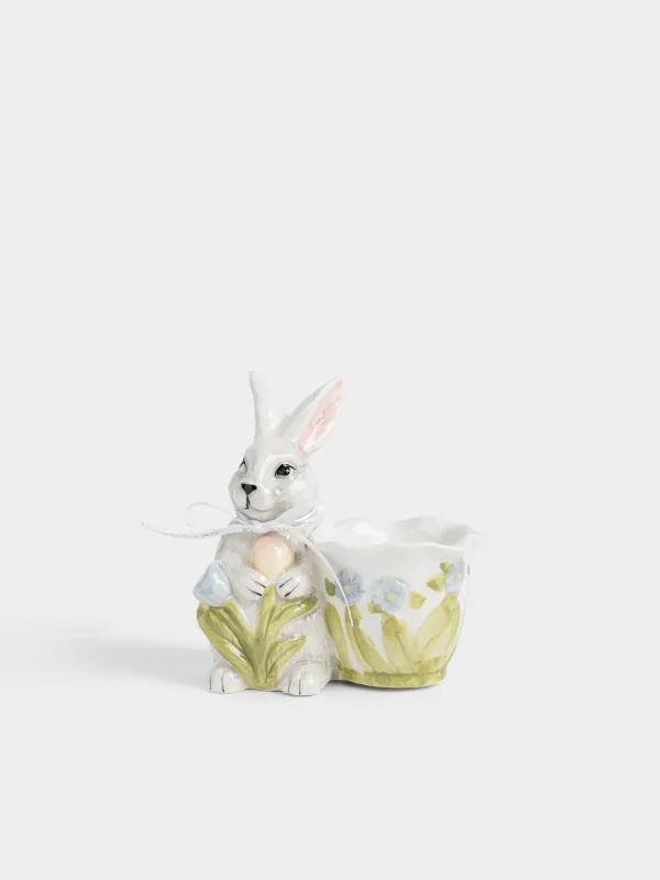 Подставка для яйца, 10 см, керамика D, серая, Кролик с цветами, Easter, image-0