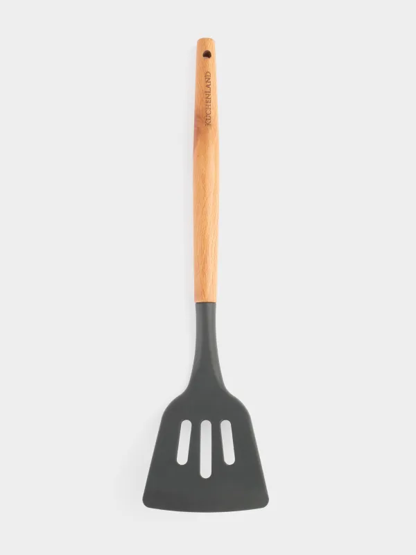 Қалақ, 32 см, саңылаулары бар, силикон/ағаш, сұр, Weekend, image-0