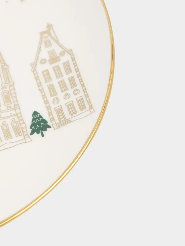 Тіскебасар тәрелкесі, 20 см, фарфор N, сүт және алтын түстес, Үйлер мен жылқы, Snow sparks, image-3