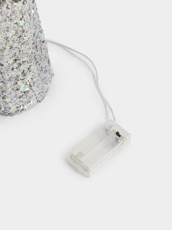 Шырша-конус, 40 см, жарықтандырылған, металл, күміс, Жұлдыздар, Frosty sparks, image-3