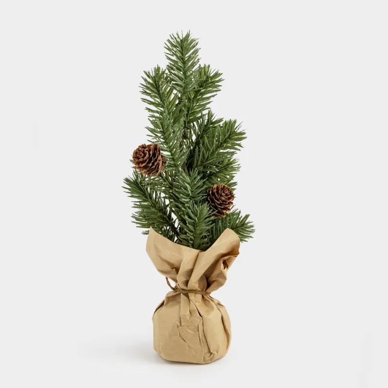 Композиция декоративная, 25 см, в крафте, пластик, шампань, Хвоя с шишкой, Conifer champagne