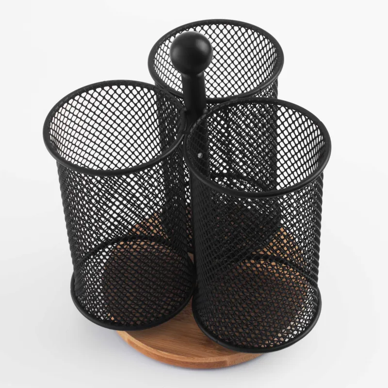 Подставка для кухонных принадлежностей, 15 см, 3 отд, с ручкой, металл/бамбук, черная, X-Loft, image-2