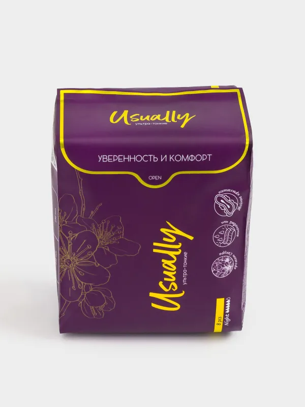 Гигиеналық төсемдер, 29 см, 8 дана, қос қанатты, хош иісті, Night, Usually, image-1