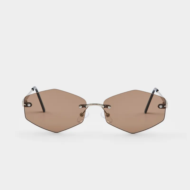 Очки солнцезащитные, сталь/пластик, безободковые, шестиугольные, серебристо-коричневые, Geometric