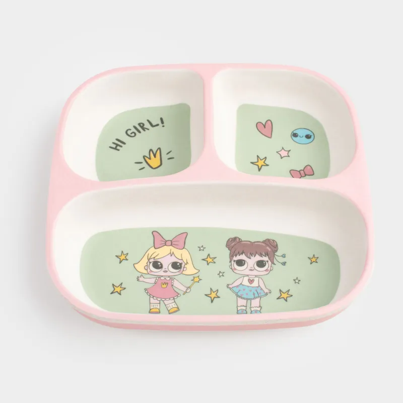 Тіскебасар тәрелкесі, балаларға арналған, 18 см, 3 бөлім, бамбук, қызғылт-жасыл, Көйлек киген қыздар, Sweet loli, image-1