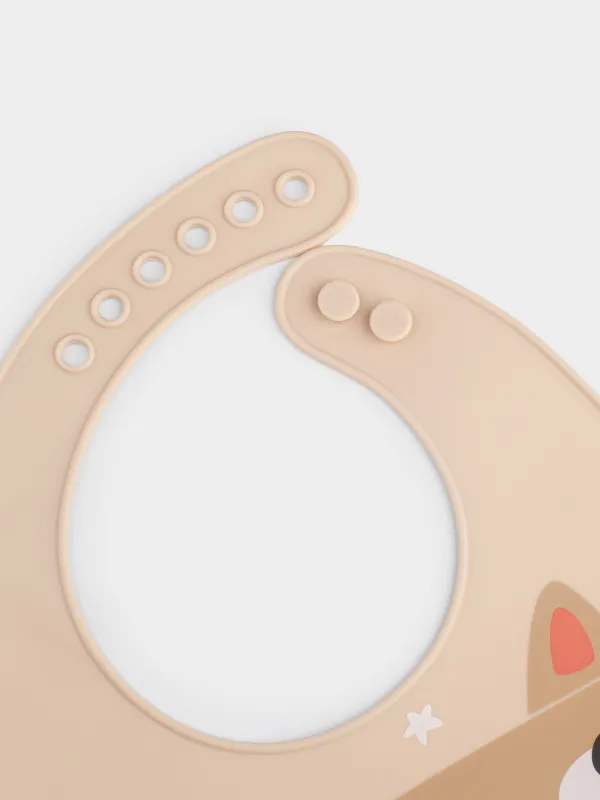 Нагрудник, детский, 31x23 см, с карманом, силикон, бежевый, Котик, Kiddy, image-2