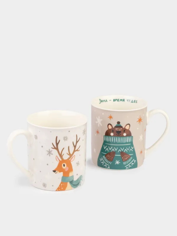 Кружка, 300 мл, 2 шт, фарфор N, молочная/бежевая, Олень/Медведь, Friend forest, image-1