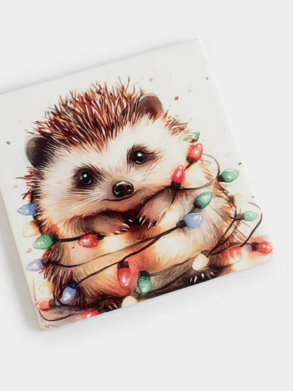 Подставка под кружку, 11х11 см, квадратная, керамика/пробка, белая, Ежик, Hedgehog christmas, image-3