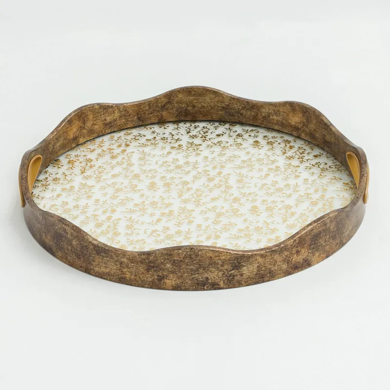 Поднос, 35 см, пластик/стекло, круглый, золотистый, Цветы, Floral, image-0