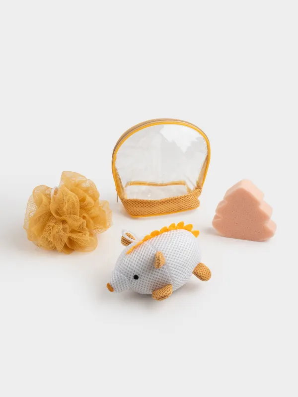 Душқа арналған жиынтық, 3 зат, балаларға арналған, косметикалық сөмкеде, полиэстер, сарғылт-қоңыр, Кірпі, Friend spa, image-0