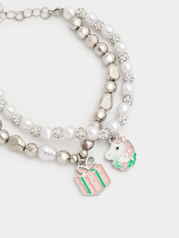 Білезіктер жинағы, 16 см, 2 дана, балаларға арналған, металл/пластик, күміс, Моншақтар, Pearl, image-1