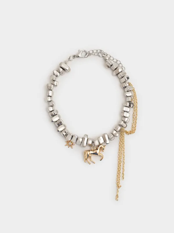 Білезік, 16 см, аспалары бар, металл, күміс-алтын, Жылқы, Jewelry horse, image-0