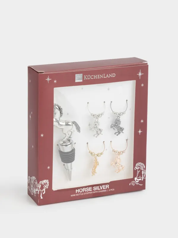 Шарап бөтелкесінің тығыны, салпыншақтары бар, 5 дана, металл/моншақтар, Жылқы, Horse silver, image-6