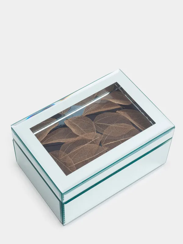 Зергерлік қорап, 20х14 см, шыны, айнамен, алтын жапырақтар, Glossy, image-2