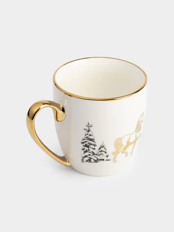 Кружка, 500 мл, фарфор N, бело-золотистая, Лошадь в снежном лесу, Horse gold, image-1