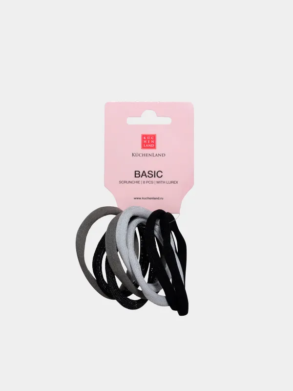 Резинка для волос, 5 см, 8 шт, полиэстер, серая/белая/черная, с люрексом, Basic, image-1