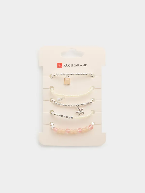 Білезіктер жинағы, 18 см, 5 дана, металл/пластик/шыны, сүт түстес, Гүл, Pearl color, image-3