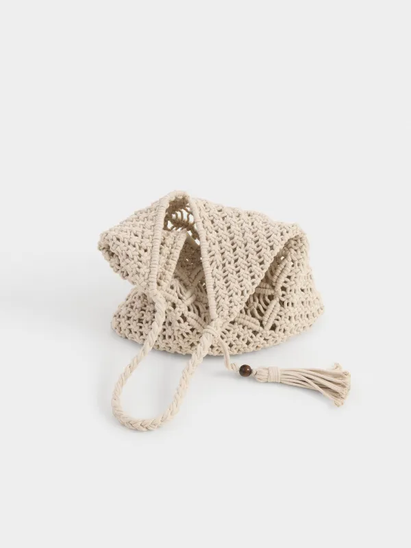 Сумка пляжная, 33х29 см, плетеная, с кисточкой, хлопок, бежевая, Stintino, image-4