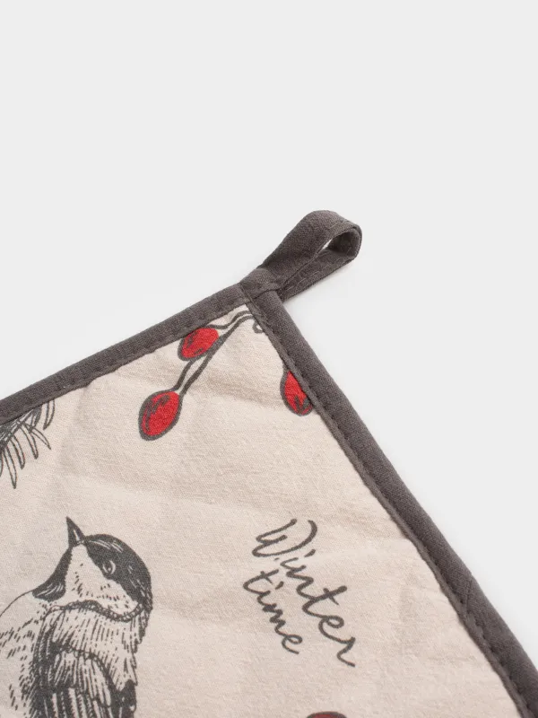 Прихватка, 20x20 см, хлопок, квадратная, серо-бежевая, Снегирь на ветке, Bullfinchs, image-4