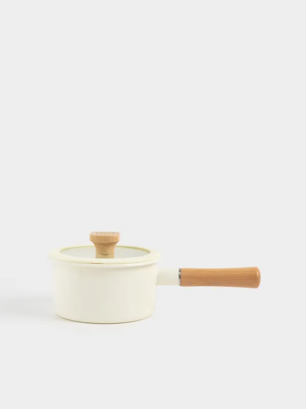 Ковш, 16 см, 1,6 л, с крышкой, металл эмалированный/дерево, молочный, Enamel wood, image-0