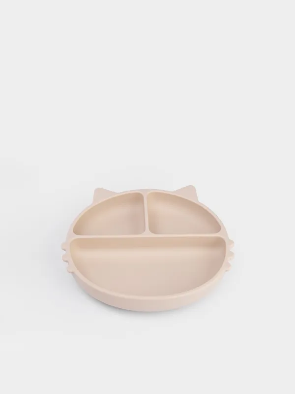 Түскі ас тәрелкесі, балаларға арналған, 19х20 см, 3 бөлік, сорғыштары бар, силикон, сарғылт-қоңыр, Мысық, Kiddy, image-1