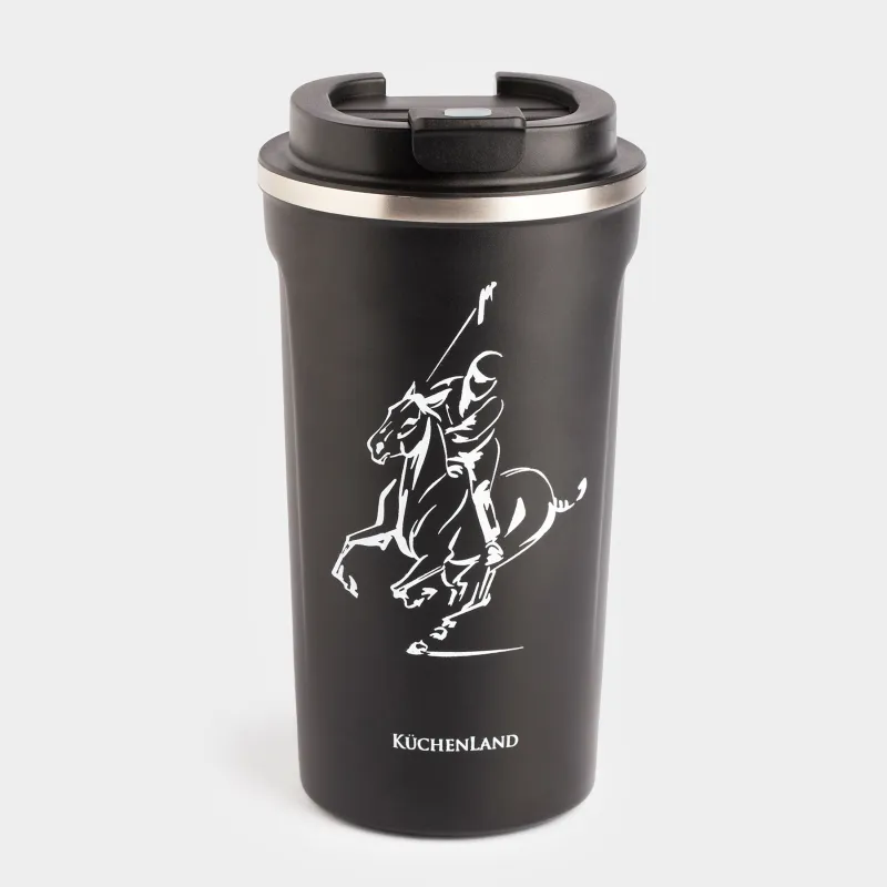 Термокружка, 500 мл, сталь/пластик, черная, Конное поло, Coffee time