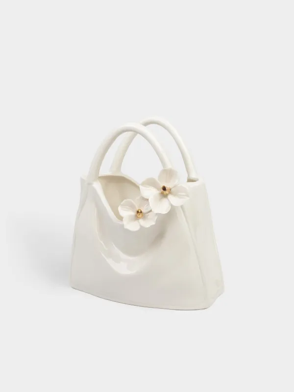 Гүл вазасы, 20х22 см, сәндік, тұтқасы бар, фарфор P, сүт түстес, Гүлдері бар сөмке, Bloom, image-5