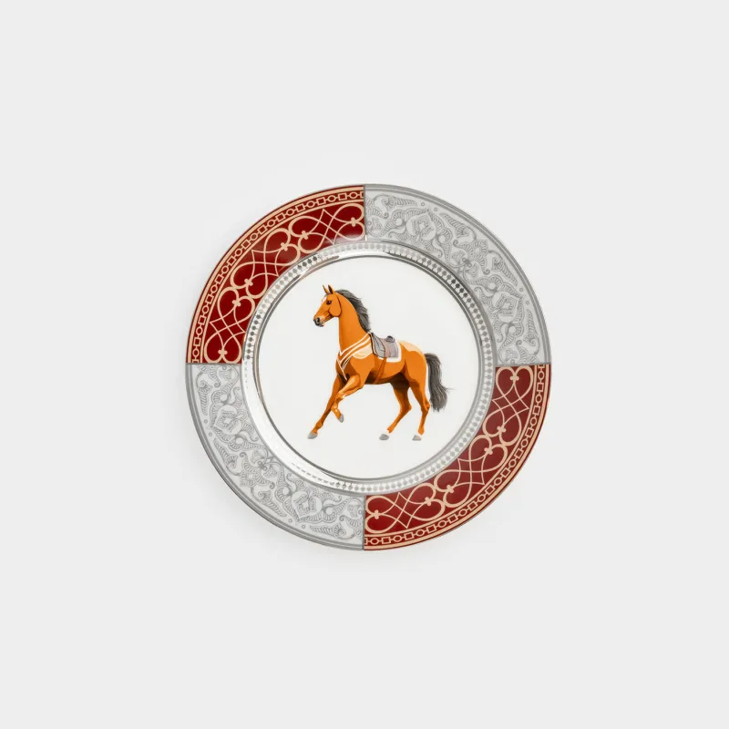 Тарелка закусочная, 21 см, фарфор F, бело-бордовая, с серебристым кантом, Лошадь, Breton horse