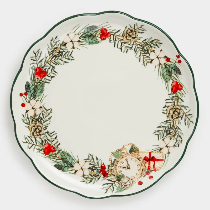 Тарелка обеденная, 25 см, керамика D, Венок и часы, Christmas green, image-0