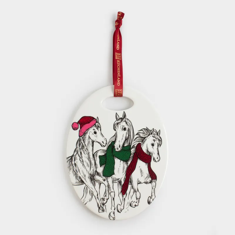 Ыстыққа арналған тұғыр, 15х20 см, керамика/тығын, сопақ, ақ, Шарф таққан жылқылар, Horse trio