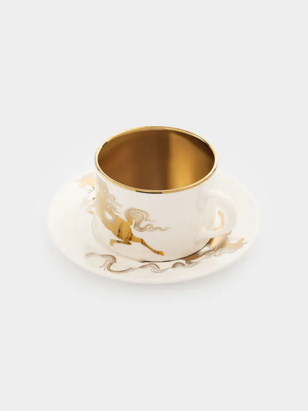 Шай жұбы, 1 адам, 2 зат, 220 мл, фарфор N, ақ-алтын, Жылқы, Horse gold, image-1