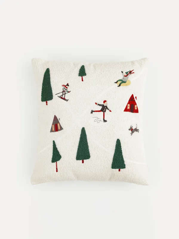 Сәндік жастық, 45х45 см, шерпа, сүт түстес, Қысқы қызықтар, Қарлы үйлер, image-0