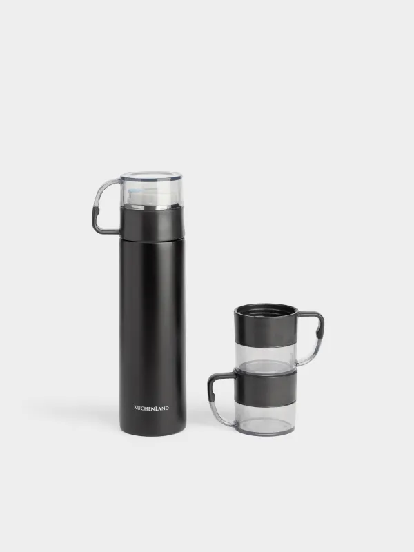Сусындарға арналған жиынтық, 3 адам, 4 зат, саяхатқа арналған, термос, 450 мл, болат/пластик, қара, Electrum, image-0