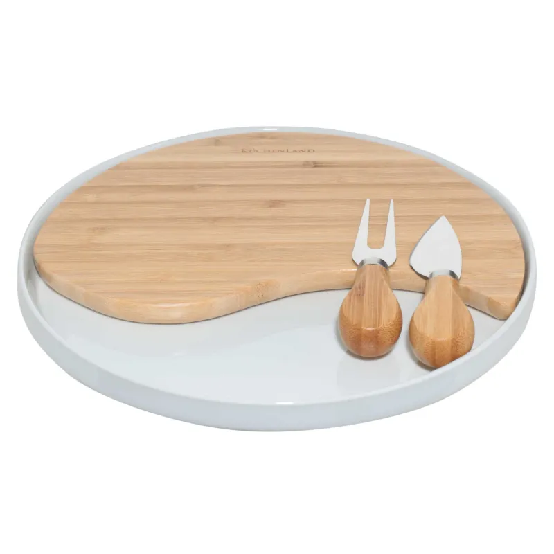 Набор для сыра, 4 пр, блюдо-доска на подставке, керамика/бамбук, Круг, Cheese, image-1