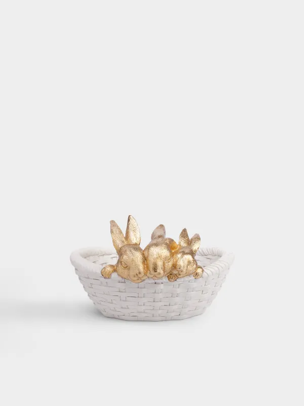 Кәмпит ыдысы, 27х16 см, полирезин, ақ және алтын түстес, Себеттегі қояндар, Rustic Easter, image-0