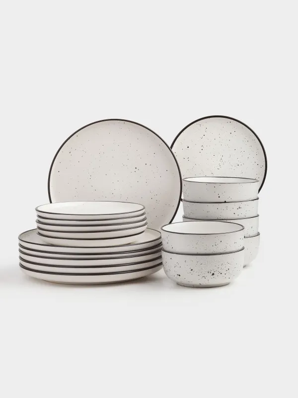 Ас сервизі, 6 адам, 18 зат, керамика, ақ, қара жиегі бар, дақты, Speckled black, image-0
