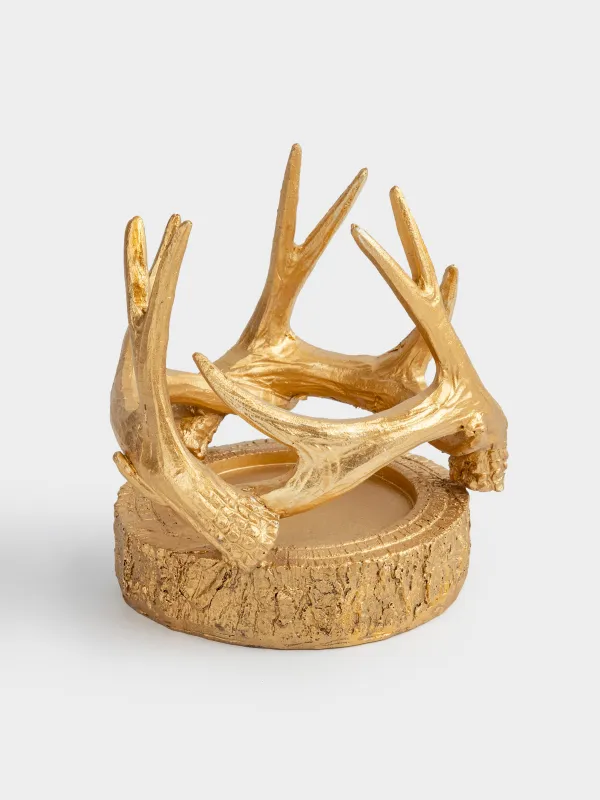 Подсвечник, 12 см, для цилиндрической свечи, полирезин, золотистый, Рога оленя, Deer gold, image-0