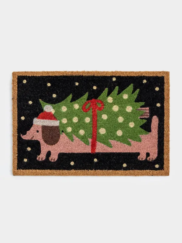 Есік алды кілемшесі, 40х60 см, кокос/ПВХ, тікбұрышты, көк, Шыршасы бар ит, Dog christmas, image-0