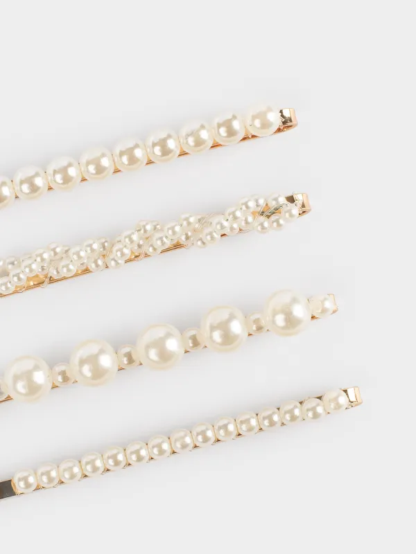 Шаш қыстырғыштар жиынтығы, 7 см, 4 дана, металл/пластик, сүт түстес, Моншақтар, Pearl, image-3