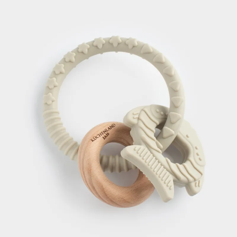 Тіс тазалағыш ойыншық, 2 кулон, сақинада, силикон/ағаш, сұр, Балық және сақина, Kiddy, image-2