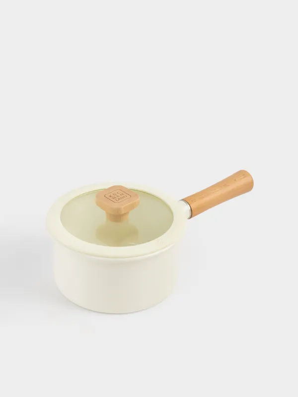 Ковш, 16 см, 1,6 л, с крышкой, металл эмалированный/дерево, молочный, Enamel wood, image-1