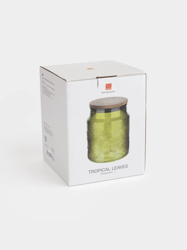 Банка для сыпучих продуктов, 1 л, стекло Р/дерево, зеленая, Тропические листья, Tropical leaves, image-3