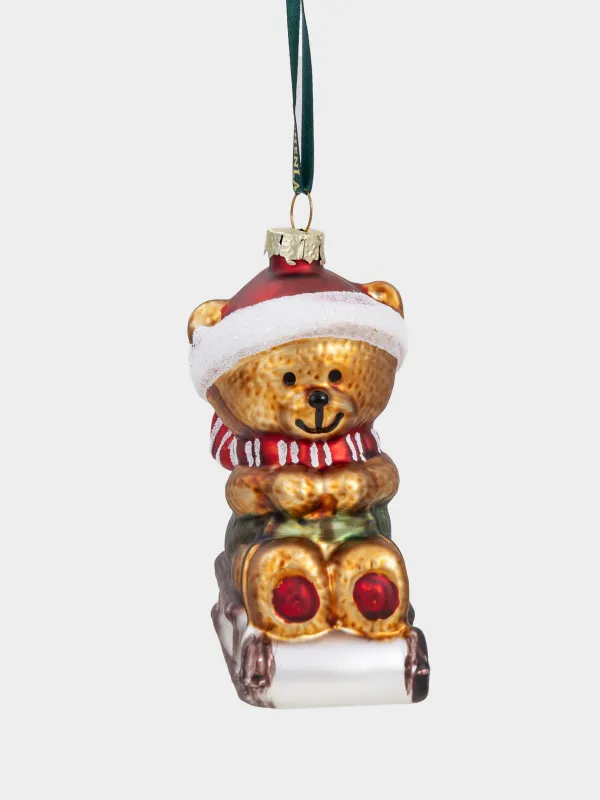 Игрушка елочная, 5х9 см, стекло, с блестками, бронзовая, Мишка в санях, Figure christmas, image-0