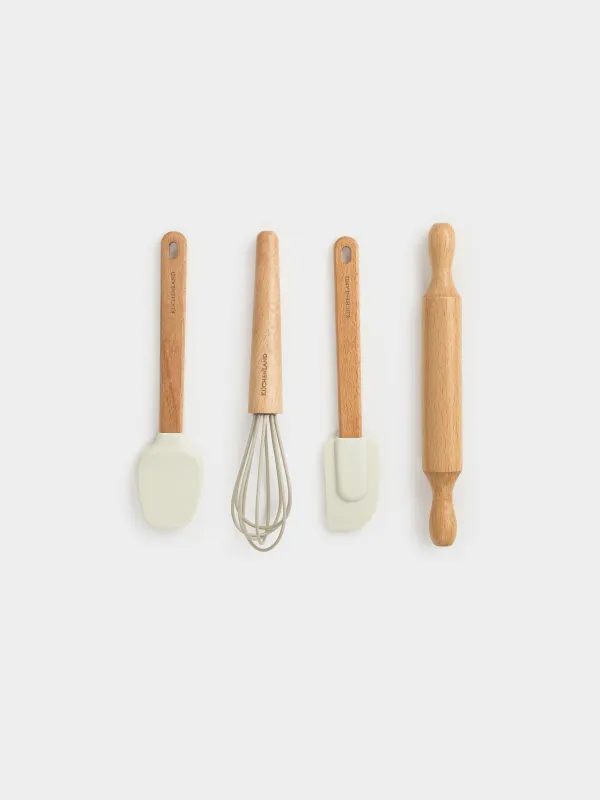 Пісіруге арналған жиынтық, 4 зат, қасық/қалақша/бұлғауыш/оқтау, силикон/ағаш, Bakery, image-0