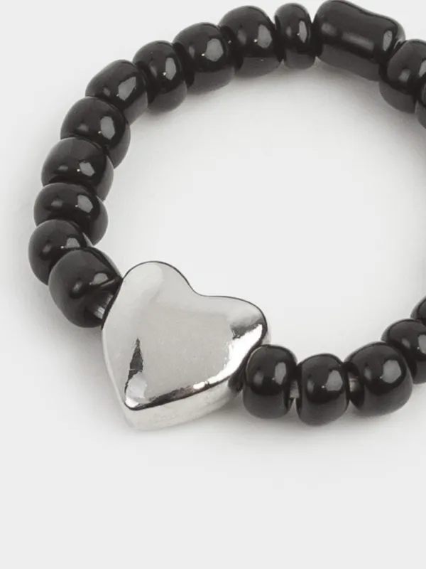 Сақина, size S-M, бірыңғай өлшем, шыны/металл, қара, Жүрек, Jewelry black, image-2